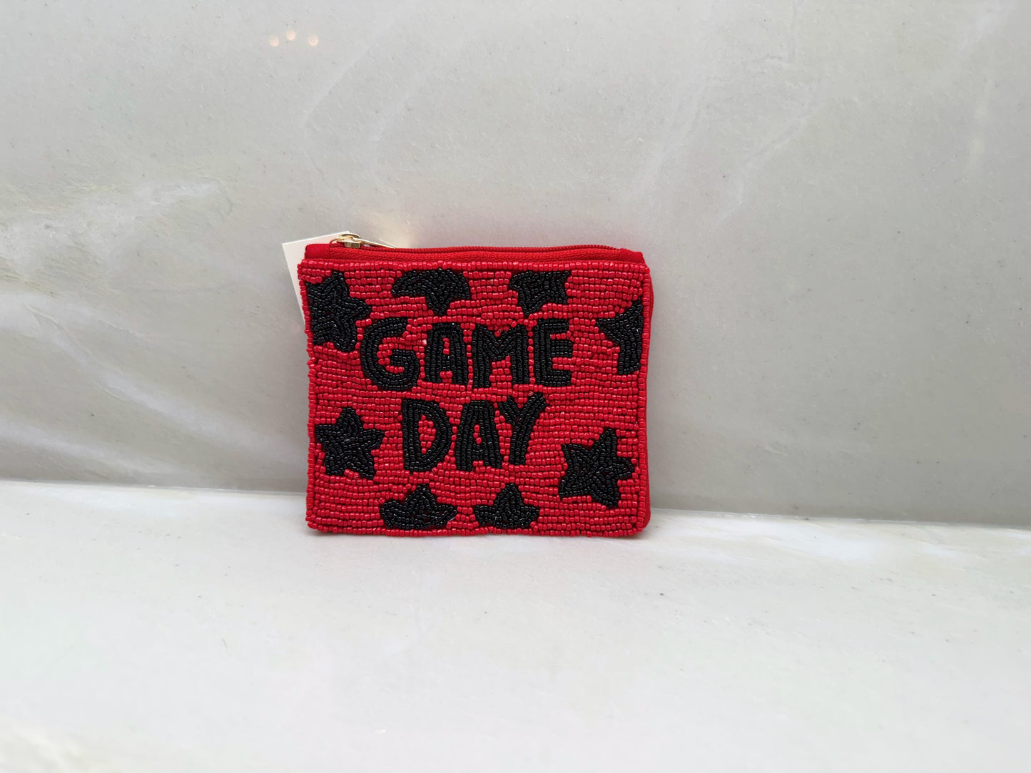 Black and Red Game Day Beaded Pouch With Stars