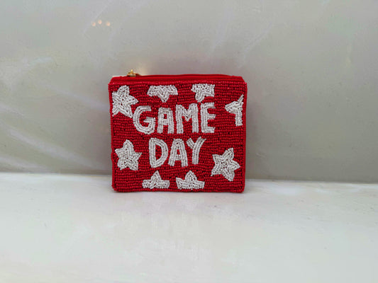 White and Red Game Day Beaded Pouch With Stars