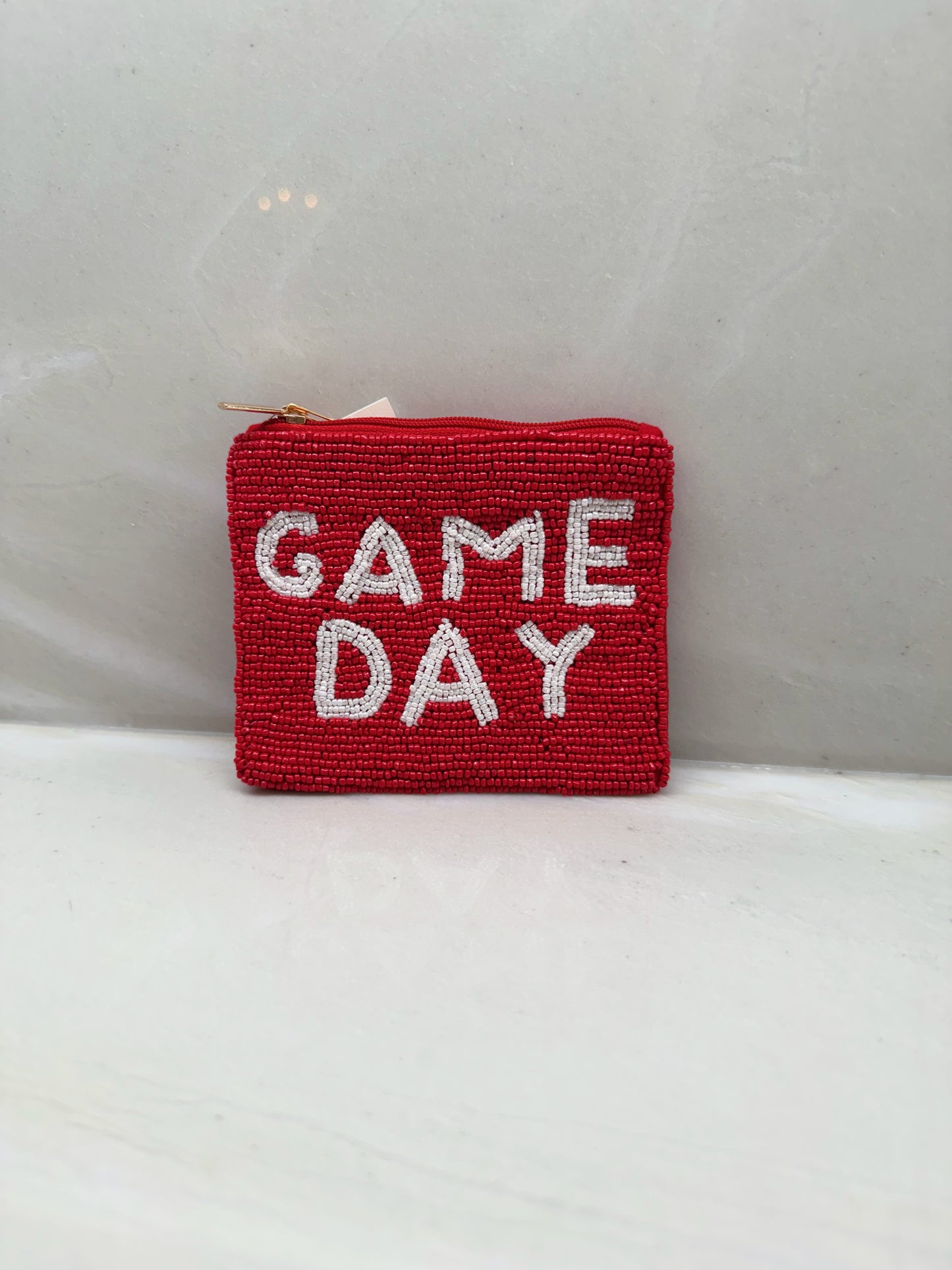 White and Red Game Day Beaded Pouch